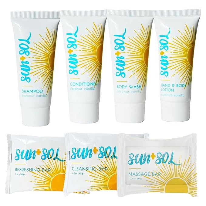World Amenities Sun+Sol Mini Travel Size Hotel Toiletries Bathroom Kit - Case of 25 Sets - Warm Coconut & Vanilla - Shampoo, Conditioner, Body Wash, Lotion, Cleansing Bar, Soap Bar