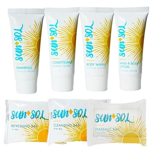 World Amenities Sun+Sol Mini Travel Size Hotel Toiletries Bathroom Kit - Case of 25 Sets - Warm Coconut & Vanilla - Shampoo, Conditioner, Body Wash, Lotion, Cleansing Bar, Soap Bar