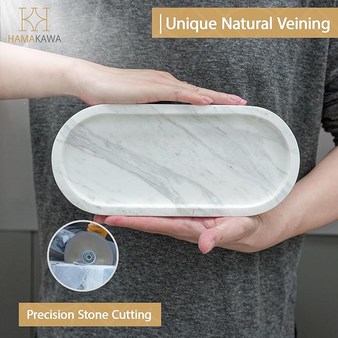 Oval Bathroom Vanity Tray, Large Natural Marble Sink Tray 10 Inch, Volakas White Stone Soap Trays, Modern Perfume Trays, Countertop Organizer for Kitchen, Coffee Table, Home Decor
