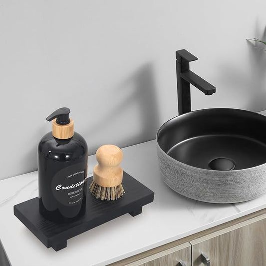 Wooden Pedestal Stand Black Bathroom Counter Organizer Tray Decor Farmhouse Wood Risers Small Hand Soap Dish Dispenser Holder for Kitchen Sink Modern Bathroom Vanity Accessories Decorative Tray