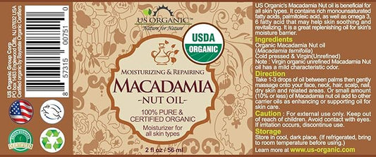 US Organic Macadamia Nut Oil Unrefined Virgin, USDA Certified Organic, Pure & Natural, Cold Pressed, Sourced in Kenya, in Amber Glass Bottle w/Glass Eye dropper for Easy Application (2 oz (Small))