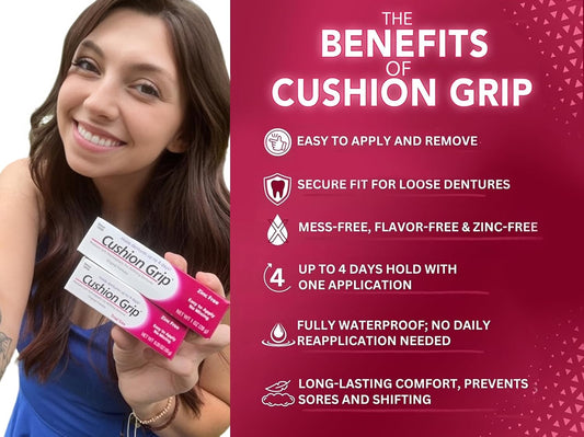 Cushion Grip Thermoplastic Denture Adhesive 1oz (12 Pack)–Extra Strong Hold Up to 4 Days, Unmatched Strength, Waterproof & Zinc Free, Relieves Sore Gums, Comfortable Refit, Long Lasting Denture Refit