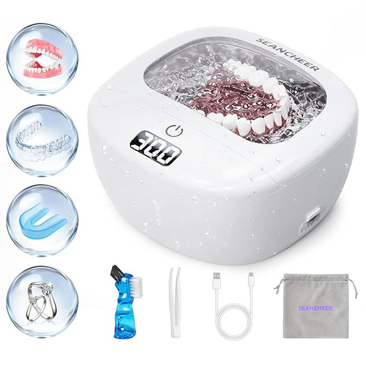 Ultrasonic Retainer Cleaner Machine | Rechargeable | Cordless | IPX7 Waterproof | Portable | 120ML | 2 Modes with Digital Timer for | Denture | Aligner | Night Guard | Mouth Guard | Jewelry | White
