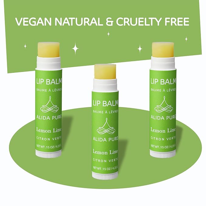 Lemon Lime Lip Balm Collection, Vegan Set, Bees Wax Free, Organic Jojoba and Avocado Oil, Vitamin E, Moisturizer For Dry Cracked Lips, 3 Tubes of Lip Balm per Set