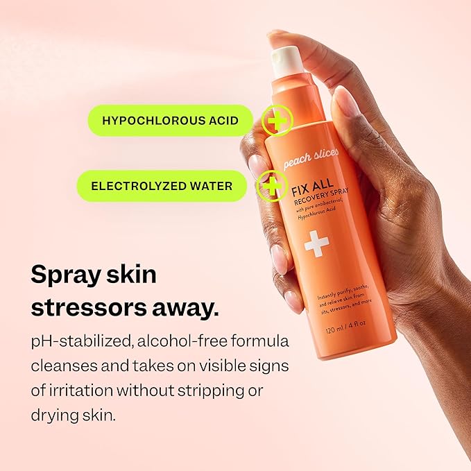 Peach Slices - Fix All Recovery Spray (4 oz) - Purify, Soothe, & Relieve - Zits, Stressors, & Redness - Hypochlorous Acid Spray - Electrolyzed Water - Vegan & Cruelty Free - Korean Skin Care & Beauty