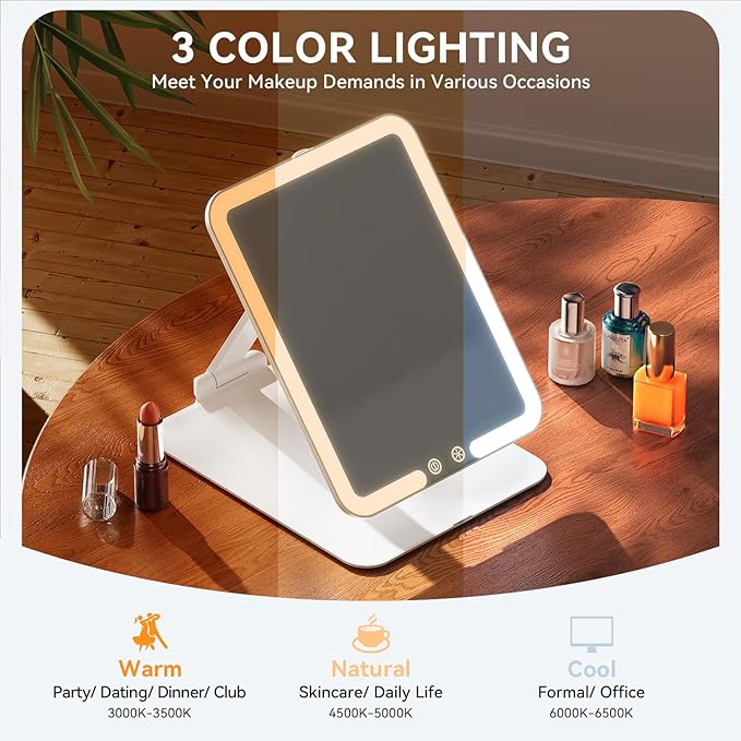 Auxmir Travel Makeup Mirror with Light, Portable Folding Lighted Travel Makeup Mirror with 72 LEDs, Rechargeable Compact Vanity Mirror with 3 Dimmable Color Lights, Adjustable Height and Angle, White