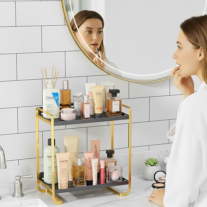 2-Tier Black and Gold Carbon Steel Bathroom Counter Organizer - Skincare Cosmetic Display Tray for Perfume, Makeup, Bathroom, and Vanity Storage - Modern Countertop Organizer and Vanity Decor