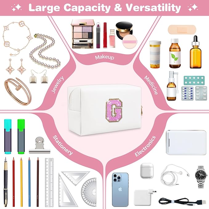 Small Initial Patch Makeup Bag Personalized Gifts Make Up Bag,White Cute PU Leather Glitter Letter Cosmetic Bag with Zipper,Trendy Portable Travel Toiletry Pouch,Preppy Stuff for Teen Girls Women G