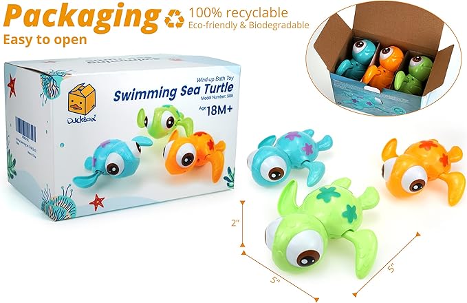 DUCKBOXX XX Wind-up Swimming Sea Turtles Bath Toy, No Battery Mold-Free Anti-Rust Interactive Montessori Toy for Kids 18M+ (3pcs)