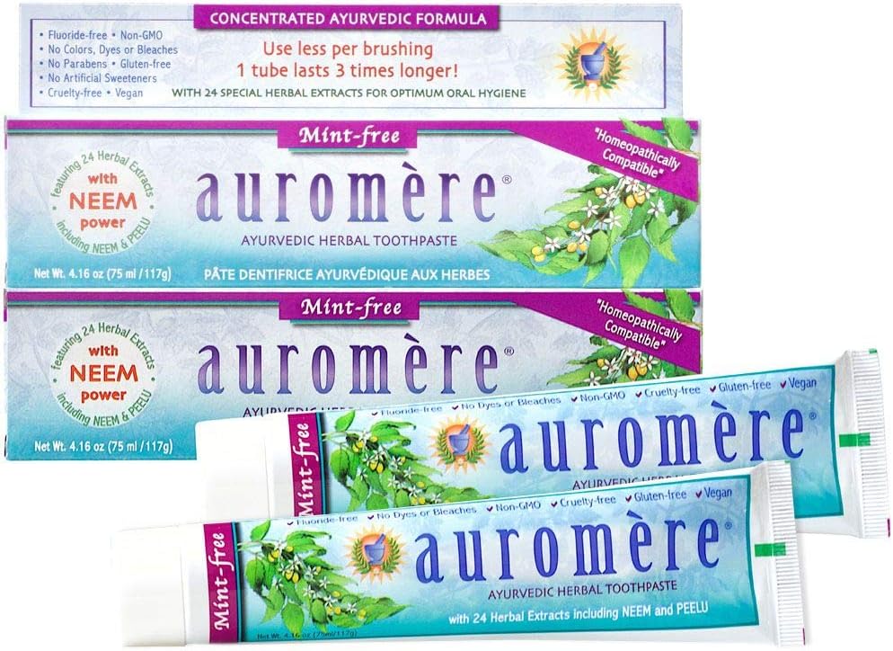 Auromere Ayurvedic Herbal Toothpaste, Mint Free - Vegan, Natural, Non GMO, Fluoride Free, Gluten Free, with Neem & Peelu (4.16 oz), 2 Pack