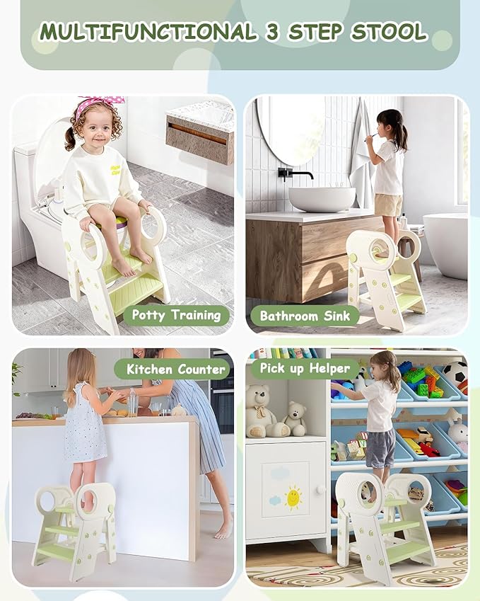 Foldable Step Stool for Toddlers, Adjustable 3 Step Stool for Bathroom Sink, Toilet Potty Training Stool with Handles, Child Kitchen Counter Bedroom Bed Stool Helper