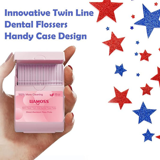 Twin-Line Floss Picks,2 Handy Case 104 Count Mint Flavor Dental Flossers for Adults,Comfort Toothpicks Sticks,Twice Cleaning Action for Tight Spaces,Extra Strong Shred Resistant Floss(Pink,Green)…