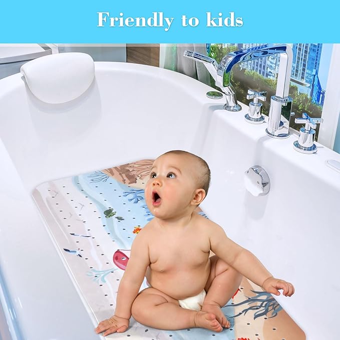 Bath Mat for Tub Non Slip, Machine Washable Anti-Slip Cartoon Baby Bathtub Shower Mat with Drain Holes and Suction Cups for Toddler & Kids (40 Inch x 16 Inch-Rectangular, Rosy Whale)