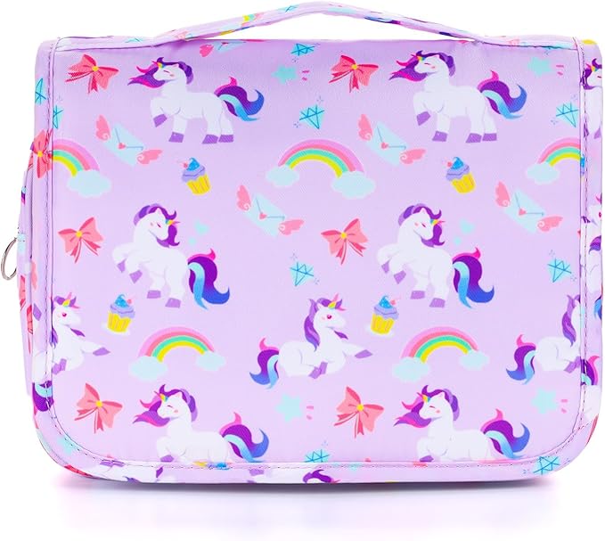 Kids Hanging Toiletry Bag for Girls, Travel Toiletry Bag for Little Young Girls Cosmetic Makeup Waterproof Wash Bag Toddler Traveling Toiletries, Unicorn Purple