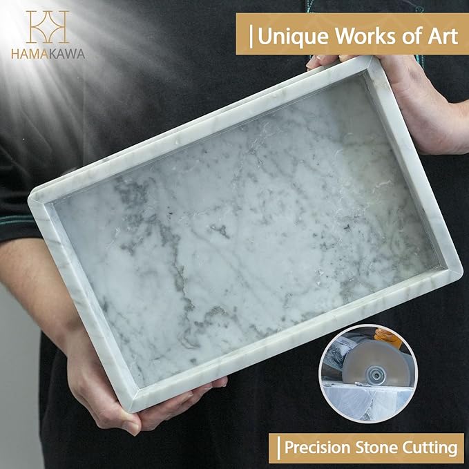 Large Natural Marble Bathroom Vanity Tray 12 inch, Carrara White Stone Jewelry Tray, Rectangle Sink Trays, Modern Tank Trays, Countertop Organizer for Soap Dispenser, Kitchen, Home Decor