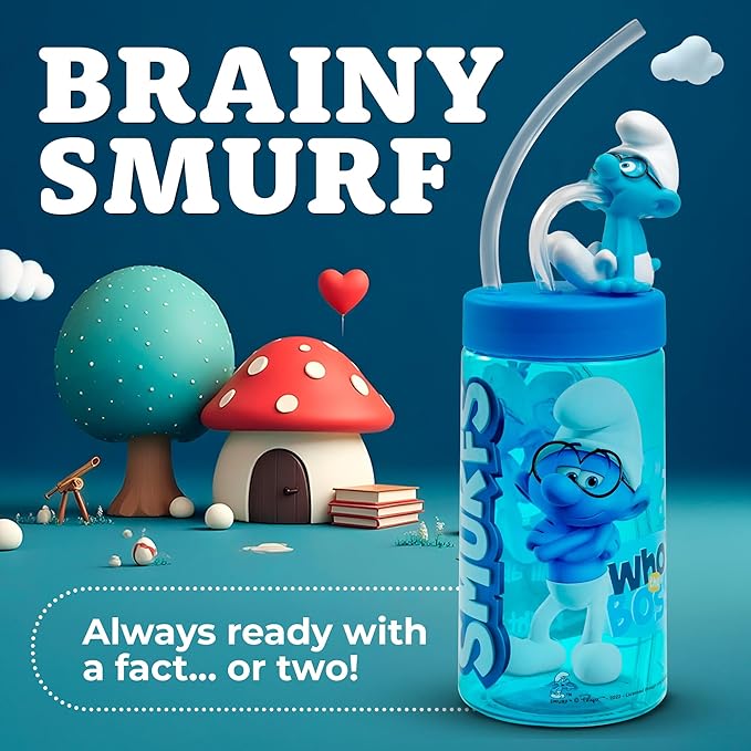 Brainy Smurf Cup, Water Bottle, Tumbler with Lid and Straw, Travel Sippy Cup for Water or Milk, Cups with Lids BPA Free Plastic, 12 oz