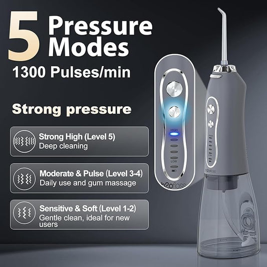 H2ofloss Water Dental Flosser Pick for Teeth: 5 Modes Cordless Portable 300ML Larger Tank Water Teeth Cleaner IPX7 Waterproof Flossing Cleaning Picks for Home Travel Gray
