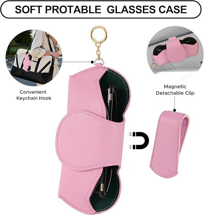 KINIVA Sunglasses Holder for Car Visor with Hanging Hook Portable Leather Glasses Storage Bag with Detachable Clips
