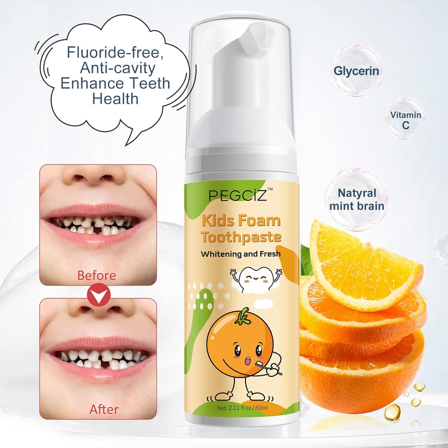 Foam Toothpaste Kids, Kids Mouthwash with Fruit Flavor - Toddler Toothpaste Age for Children, 360ºCare Natural Anti-Cavity Formulas with Fluoride for U-Shape Toothbrushes