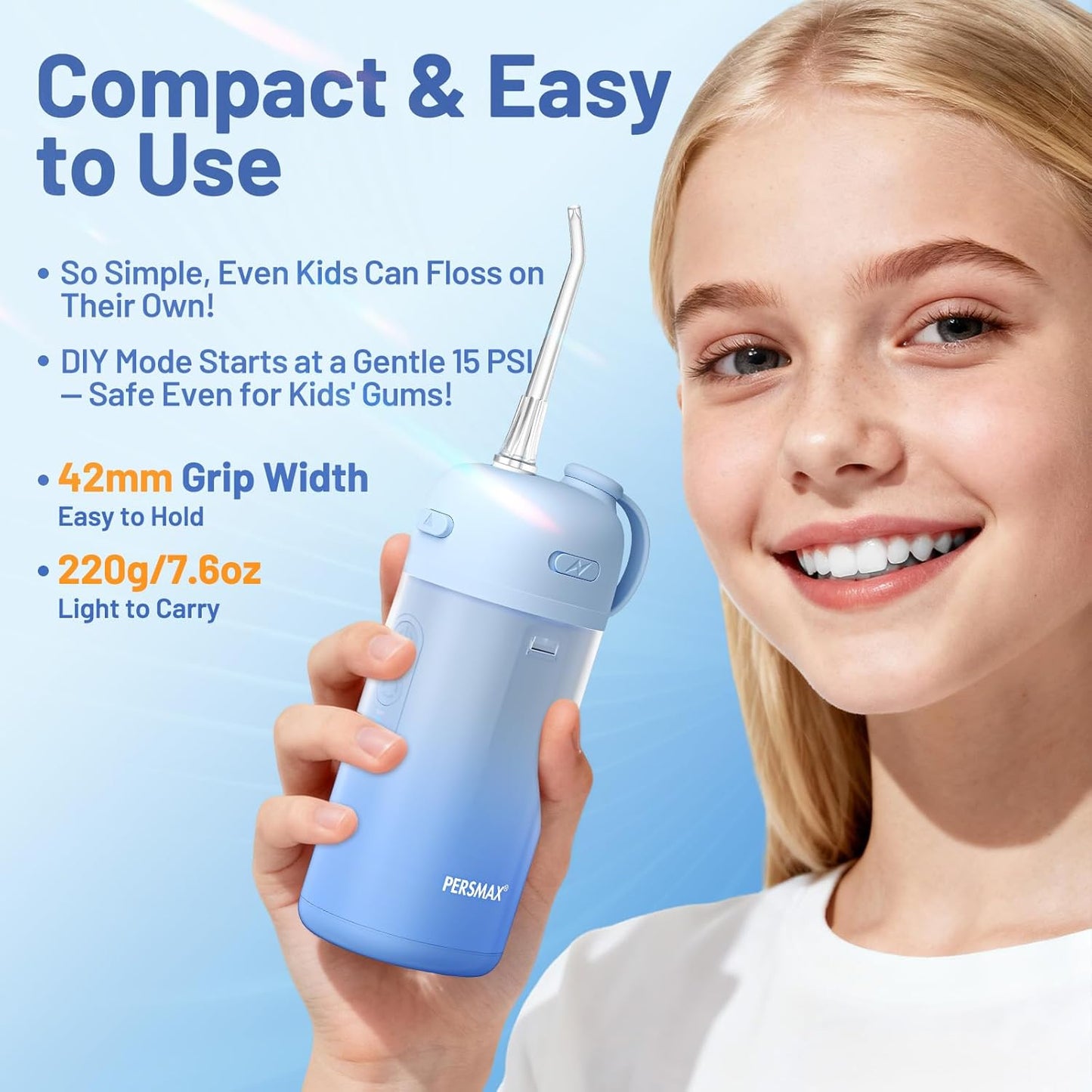 Portable Water Flosser for Teeth Cleaning - Cordless Dental Pick Electric Oral Irrigator for Travel, Kids, with 3 Modes 8 Pressure Settings, 2 Tips, 150ML, Mini Size, IPX7, Gradient Blue