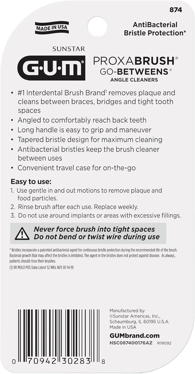 GUM Proxabrush Go-Betweens - Angled- Interdental Brushes - Soft Bristled Dental Picks for Plaque Removal Health - Safe for Braces & Dental Devices, 4 Count (Pack of 4)