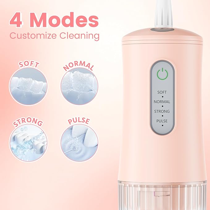 Cordless Water Flosser for Teeth Cleaning Pick - Electric Dental Irrigator with 4 Cleaning Modes & 8 Jet Tips, IPX7 Waterproof, Portable Rechargeable Design for Home & Travel Use, Pink