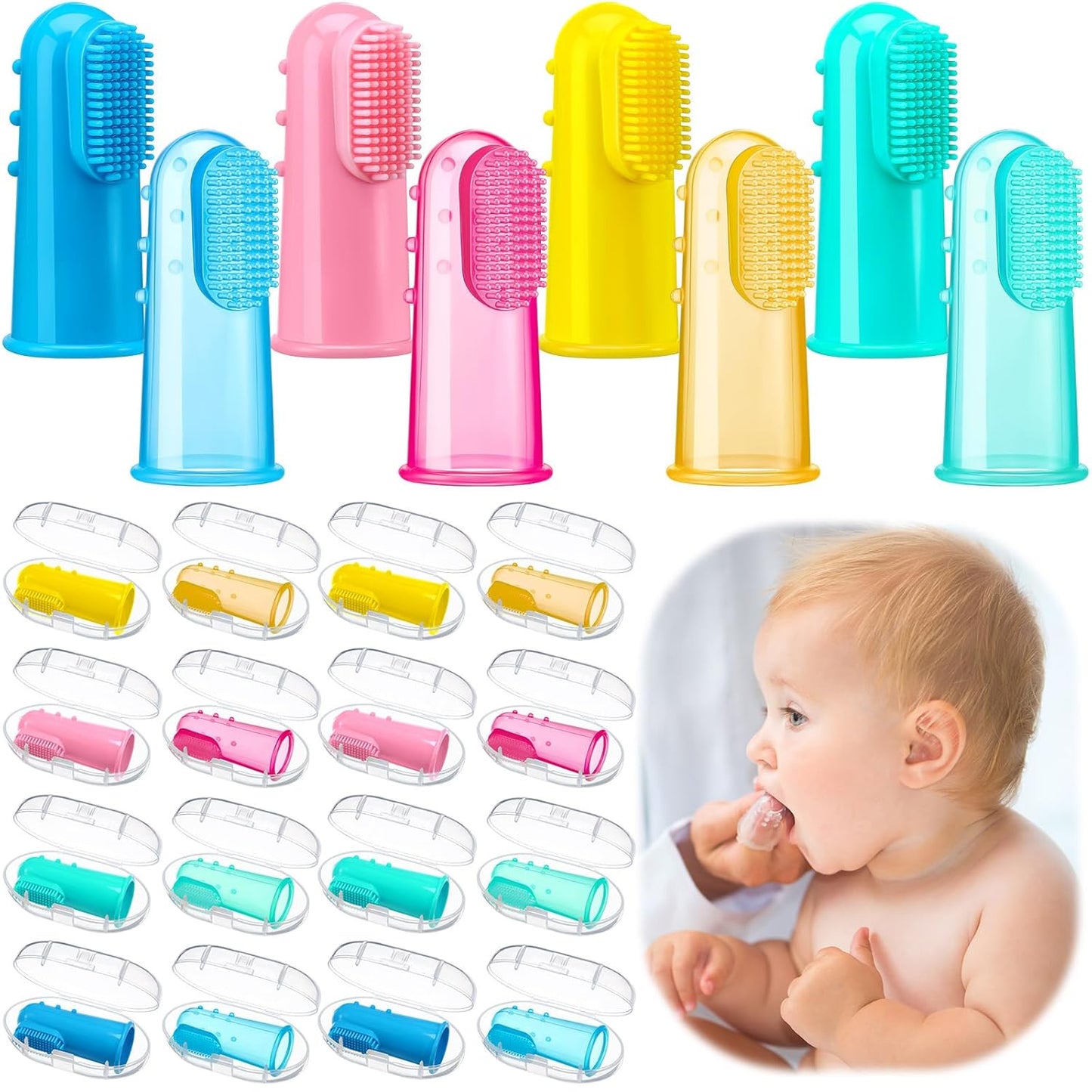 Zopeal 16 Sets Baby Finger Toothbrush for Toddler Kids with Boxes Travel Storage Case Silicone Soft Finger Toothbrush for Infant Newborns Lids Training Healthy Oral Habits Teething Cleaning Massaging