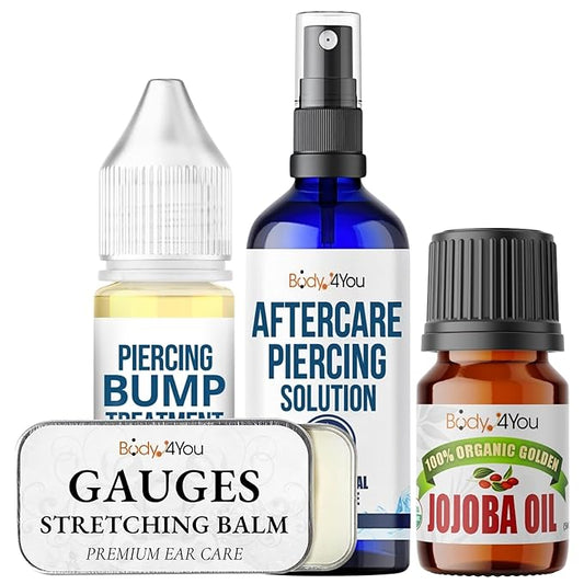 BodyJ4You Piercing Aftercare Kit - Ear Stretching Balm - 100% USDA Organic Jojoba Oil - Stretched Ear Gauges Tragus Nose Septum Lip Navel - Soothe Moisturize Skin Recovery Pure Natural Vegan Solution