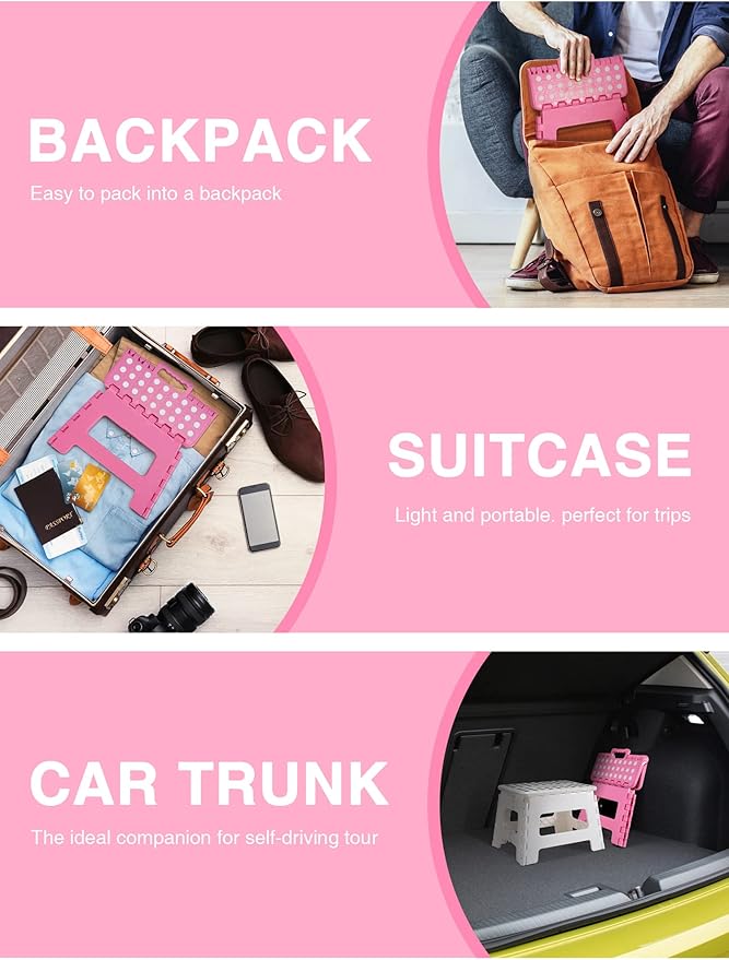 Dyforce Folding Step Stool 9 Inch, Kids Step Stool, Heavy Duty Step Stools for Adults, Compact Foot Stools, Light-Weight Toddler Step Stools for Kitchen, Bathroom, Holds Up to 300 lbs (Pink)