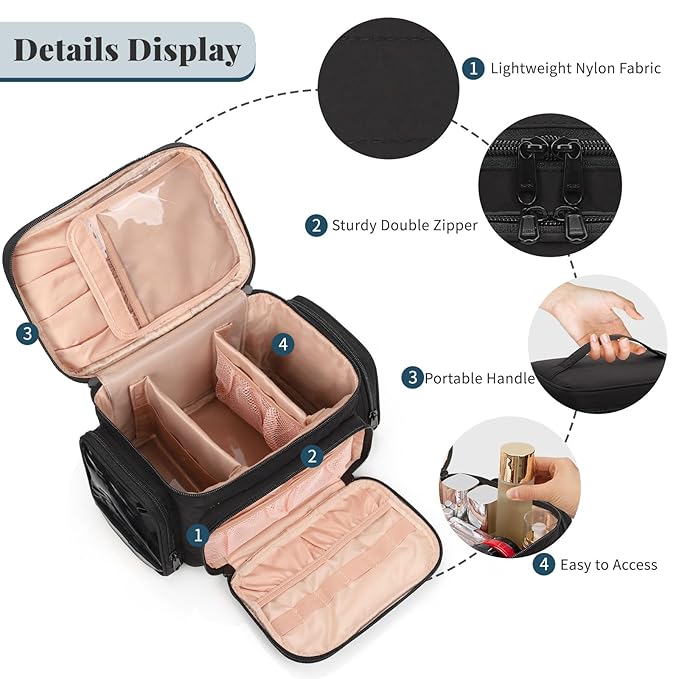 Large Cotton Makeup Bag, Lightweight Travel Makeup Bag Organizer for Women Girls with Makeup Brush Compartment & Two Side Pockets, Cosmetic Travel Bag Vertical Storage- Black01
