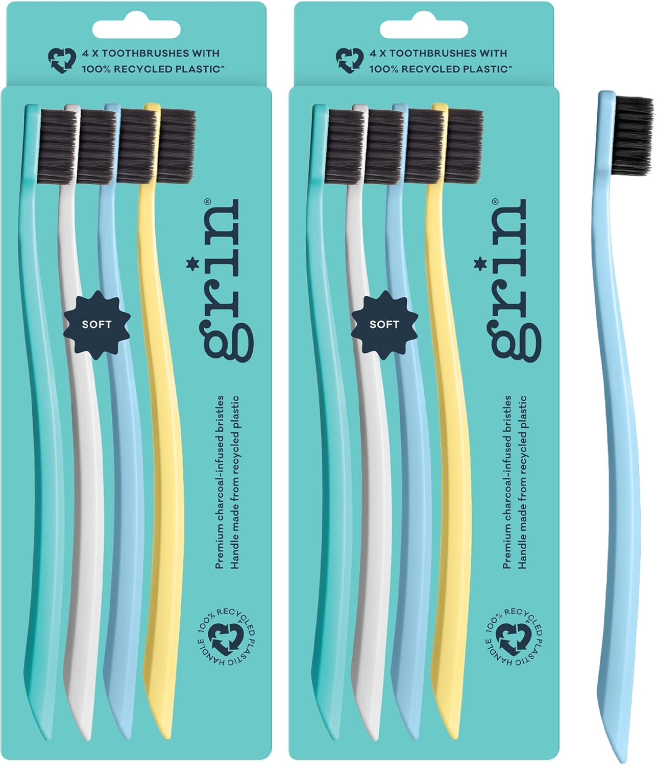 Grin Charcoal-Infused 100% Recycled Toothbrush, Soft, 4 Count (Pack of 2), Summer Beach, Suitable for Sensitive Teeth and Gums
