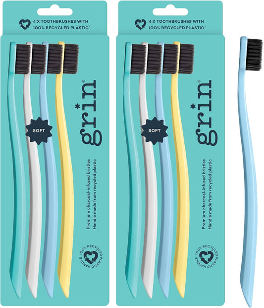 Grin Charcoal-Infused 100% Recycled Toothbrush, Soft, 4 Count (Pack of 2), Summer Beach, Suitable for Sensitive Teeth and Gums