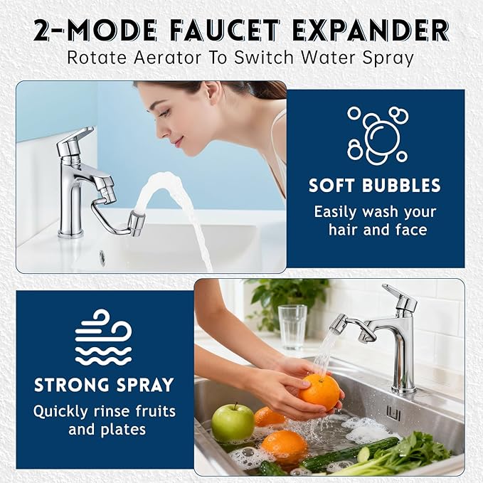 2 PCS 1440° Rotatable Faucet Extension, 1080° Swivel Faucet Aerator Extender, 2 Mode Adjustable Rotating Universal Sink Faucet for Kitchen Bathroom Sink Silver