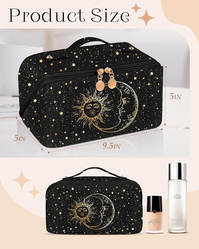 Bistup Makeup Bag Travel Cosmetic Bag Toiletry Make Up Bags Cute Women Large Capacity Big Medium Leather Sun Moon Aesthetic Portable Teen Girls Teenage Foldable Expandable Compact Open Flat Zip