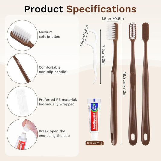 Disposable Toothbrushes with Toothpaste, Travel Toothbrush Kit, Individually Packaged, Brown, with Floss Picks, Suitable for Hotel, Home, Camping, Travel (100-PACK)