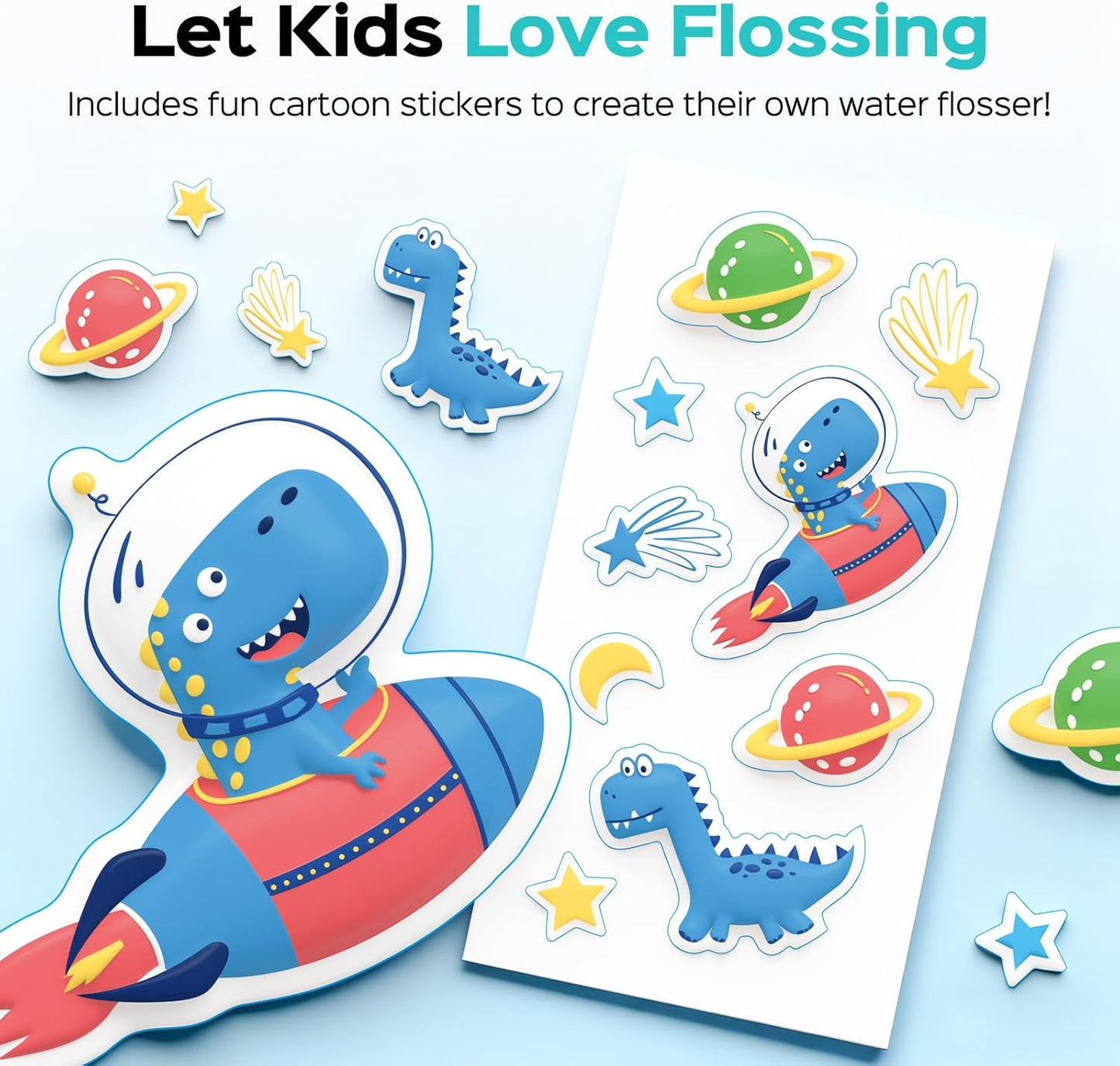 COSLUS Portable Water Flosser for Kids: 4 Gentle Modes for Ages 6+, Braces & Sensitive Teeth - with Fun DIY Stickers, 4 Storable Nozzles, Mini Compact for Home School & Travel Use, BPA-Free, Blue