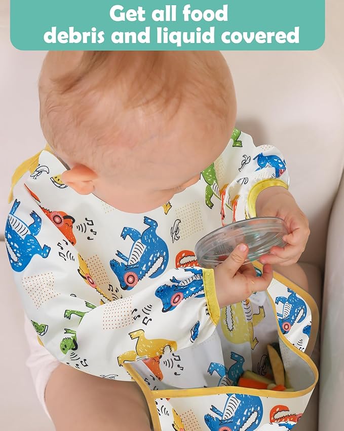 Lictin 3 Packs Baby Bibs for Boy or Girl, Cute Long Sleeve Bib, Waterproof Bibs for Toddlers,Adjustable Closure Baby Smock, Mess Proof Baby Bib, 6-24 Months Reusable Infant Baby Bibs