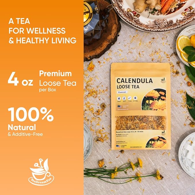 Calendula Loose Tea – 8 oz Size - Marigold & Dried - Calendula Tea Bulk Flowers Gluten-Free and Caffeine-Free Herbal tea for Relaxation, Wallness, From real Flowers with Smooth Taste