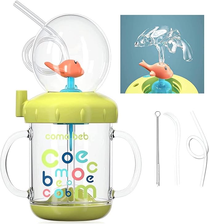 Drinking Cup With Whale Squirt, Cute Whale Cup Water Bottle, Whales Spray Sippy Cups, Leak Proof Weighted Straw Cups for kids (220ml/Green)