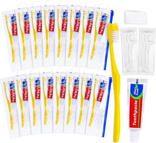 10 pcs Disposable Toothbrushes with Toothpaste and Floss Set,Yellow Individually Wrapped Bulk Single Use Toothbrush Floss Cover Travel Toothbrushes Kit with Zip Bag for Homeless,Hotel,Guest