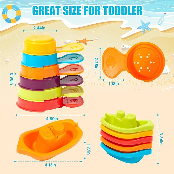 Baby Bath Toys for Kids Ages 1-3, 11PCS Mold Free Bath Toys for Toddlers with Floating Boats and Spoons, Baby & Toddler Bathtub Water Table Pool Sand Play Toys for Christmas Stocking Stuffers