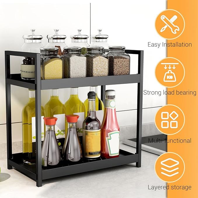 2-Tier Bathroom Counter Organizer with Basket, Vanity Tray Shelf, Bathroom Organizer Countertop, Vanity Organizer Bathroom Tray, Makeup And Skincare Organizers for Vanity, Kitchen Spice Rack (Black)