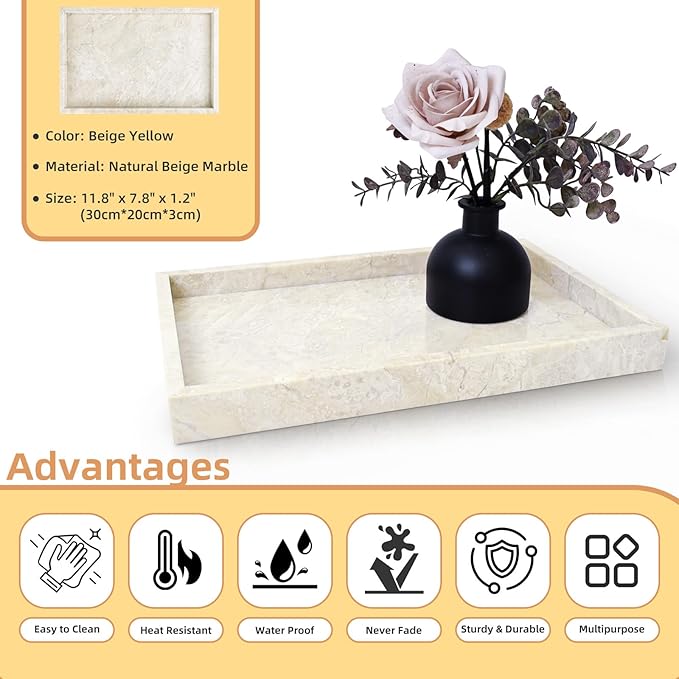 Yew & Tulip Natural Marble Vanity Tray, Luxury Stone with Beige Textures Serving Tray for Bathroom, Kitchen, Vanity, Home Decor, Wedding etc. (12" x 8" x 1.2")
