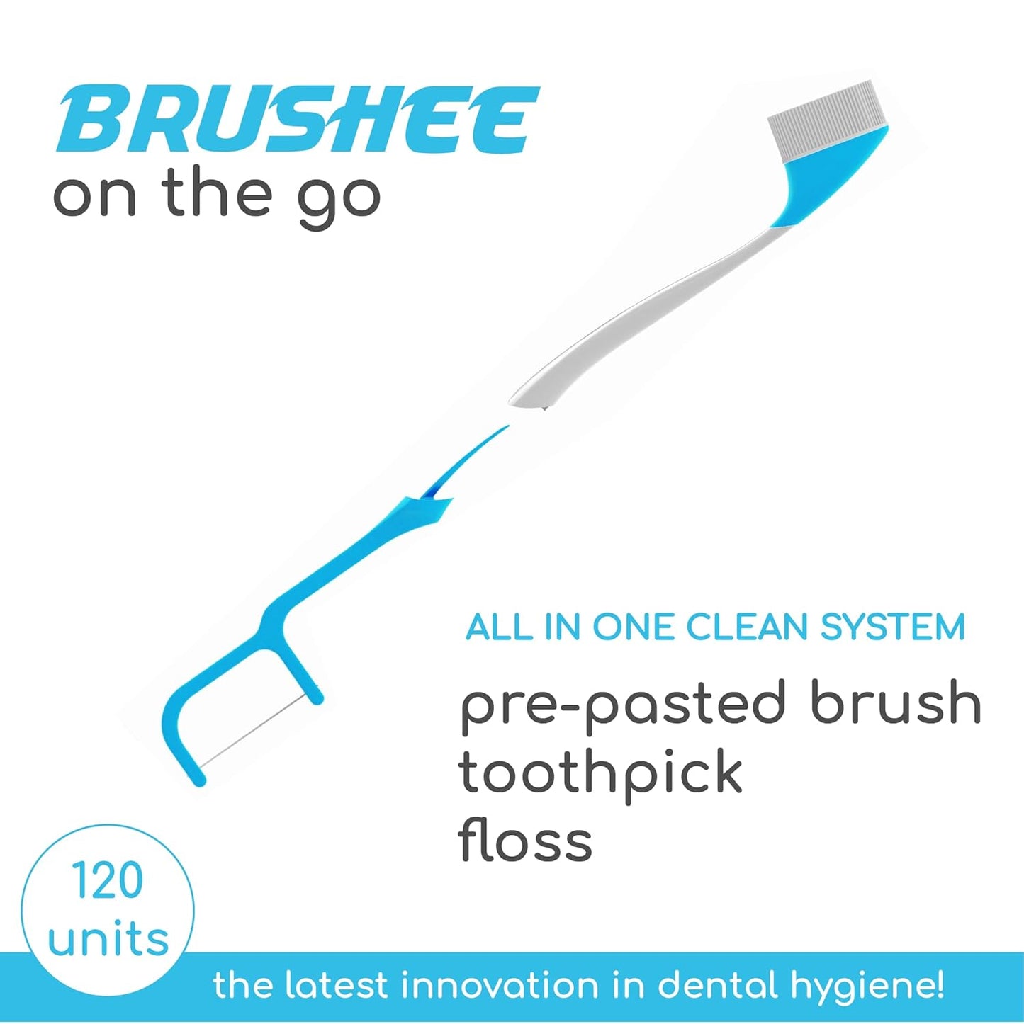 Brushee - The Evolution of Oral Care | 4-in-1 Tool (Paste + Brush + Floss + Pick) | Individually Wrapped | Disposable | Prepasted Travel Toothbrushes | Small Adult Toothbrush - (120-Pack)