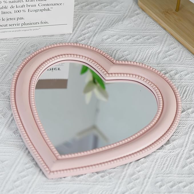 Heart Shape Makeup Mirror Wall Mounted Mirror with Hanging Hole for Home Room Decoration Birthday Gift Valentine's Day Gift for Girl,10.6x10.2inch(Pink)