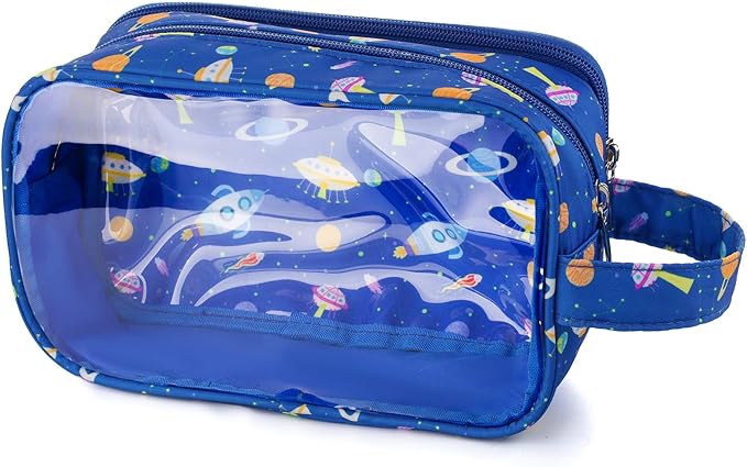 Space Kids Toiletry Bag for Boys, Travel Clear Toiletry Bag for Little Young Boys Waterproof Hanging Wash Bag Toddler Traveling Toiletries, Navy Blue
