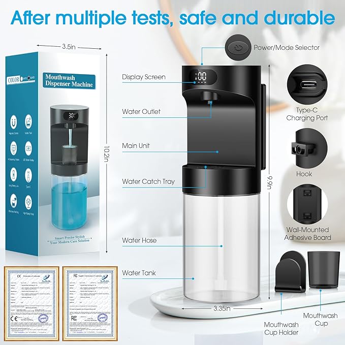 Automatic Mouthwash Dispenser for Bathroom,20.29 oz Touchless Electric Mouth Wash Dispensers Bathroom Accessories Set with 4 Magnetic Cups,4 Modes Wall Mounted Mouth Wash Dispenser for Home & Kids