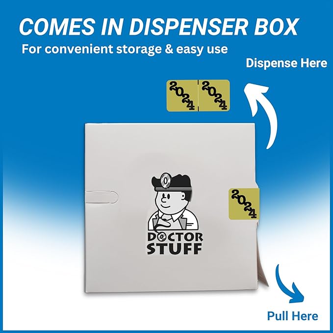 2024 Year Labels, Doctor Stuff 2024 Chart Stickers, Gold/Black Color Coded, Jeter Style, USA Made Year Labels for End Tab File Folders, 500/Roll, 1 Roll, 3/4" x 1-1/2"