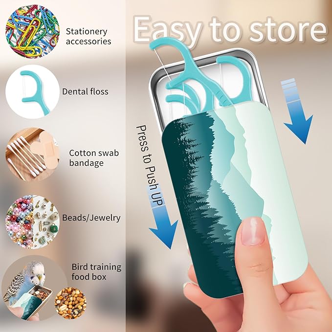 Portable Dental Floss Case, Refillable Cute Travel Floss Dispenser for Men & Women, Pocket Travel Floss Picks Case for Purse, Backpack, Bag Green Mountain Landscape