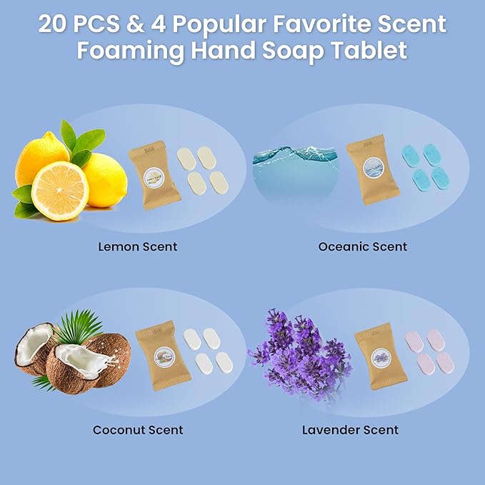 20 Pack Foaming Hand Soap Tablet Refills, 4 Scent, 12g Big Tablets, Makes 240 fl oz Soap Total, Eco Friendly Hand Wash Tablets Lemon, Coconut, Oceanic, Lavender Fragrance